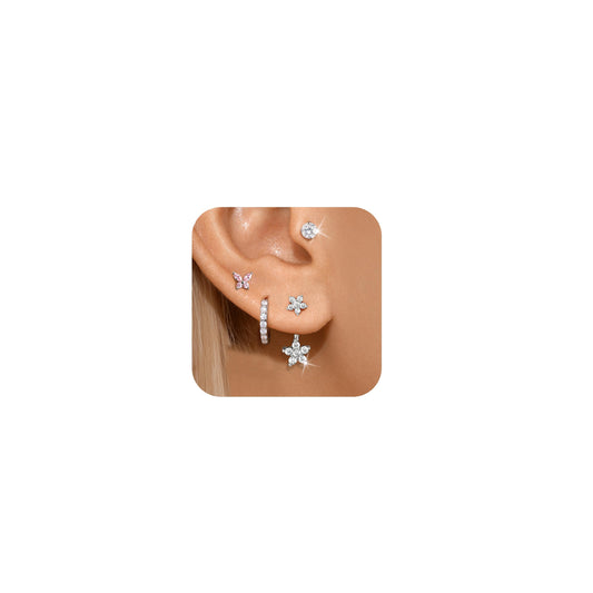Angelady Sterling Silver Stud Hoop Earrings Set for Women 4 Pairs Hoop Huggie Earrings Stacks Cute Butterfly Earrings Jewelry Gifts for Her/Women